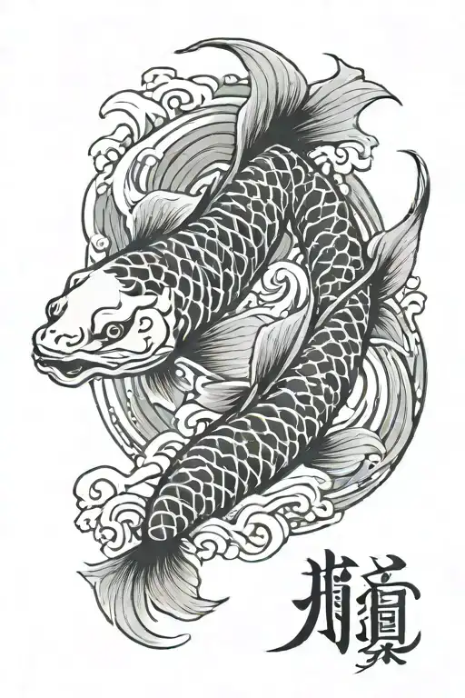 Single Koi Fish Surrounded By Black And Gray Waves Flowing