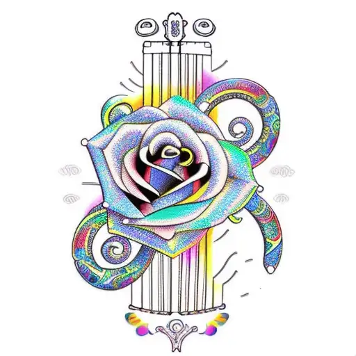 A Stylized Harp Guitar With A Vibrant Rainbow-colored Soundhole In The Shape Of A Rose