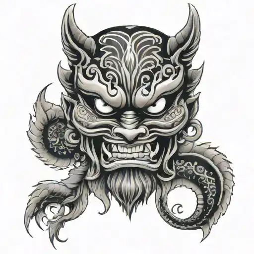 Hanya Mask On The Thigh In The Japanese Style Of Realism And Graphics
