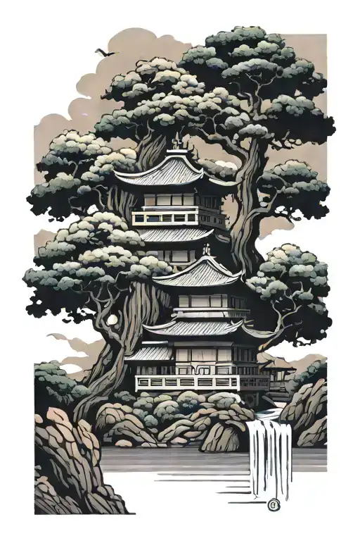 Japanese Style Trees And Water Temple