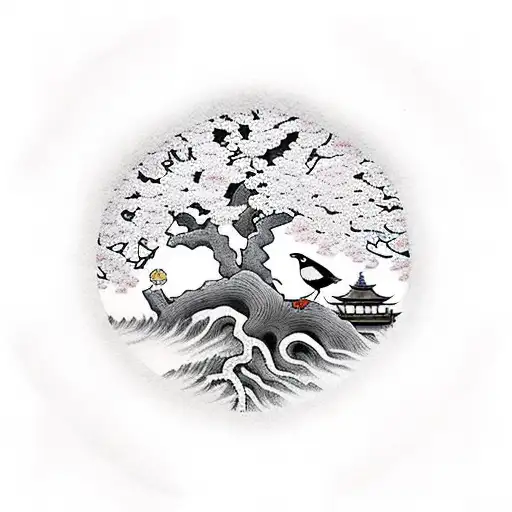 Cherry Blossom Tree With Ying Yang In The Trunk