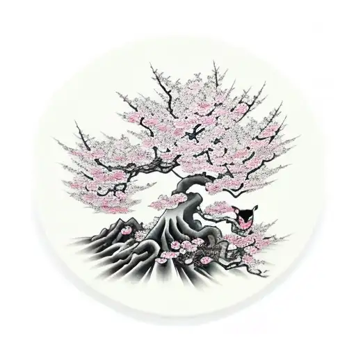 Cherry Blossom Tree With Ying Yang In The Trunk