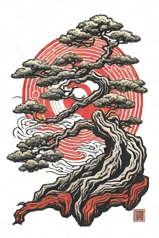 Bonsai Tree With Red Sun