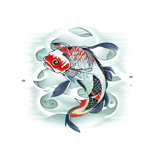 Traditional Japanese Koi Fish Surrounded By Polynesian Tribal Symbols