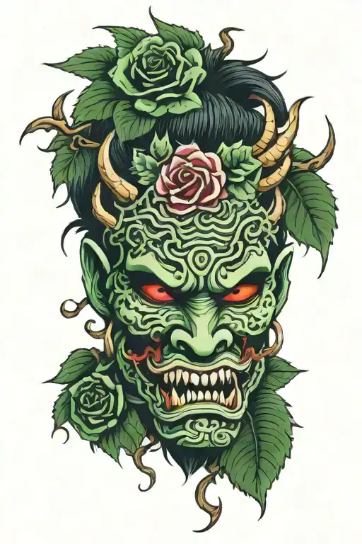 Rose And Oni Mask With Green Spiky Vines