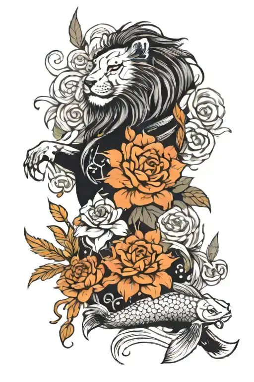 Roman Numerals Lion Roses Koi Fish