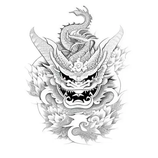 Dragon With A Hannya Mask And Sakura Flowers