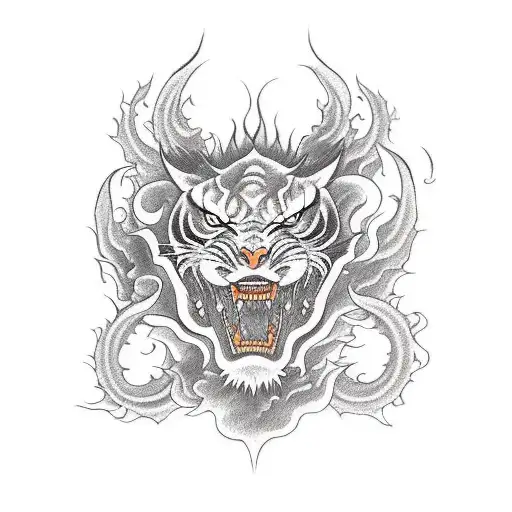 A Dragon And Tiger Fighting And Smoke And Fire Coming From The Dragon