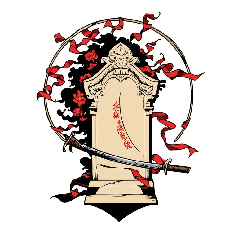 Japenese Grave With Samurai Sword And Ribbon Blowing In The Wind