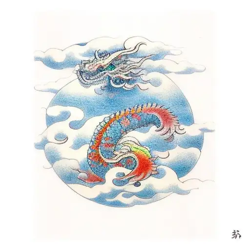 Long Dragon With Fire Japanese Clouds
