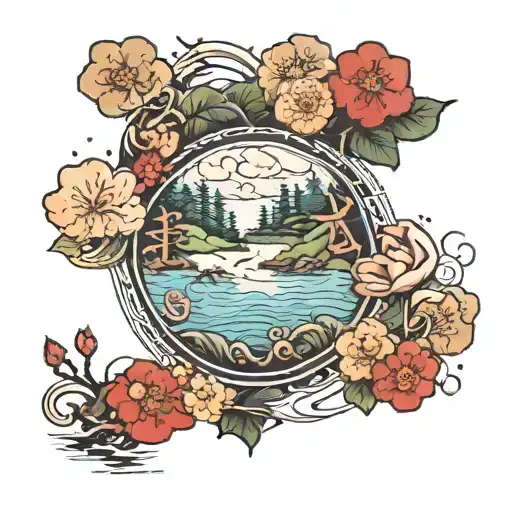 A Serene Lake Surrounded By A Lush Forest With Hiragana Characters Floating In The Sky