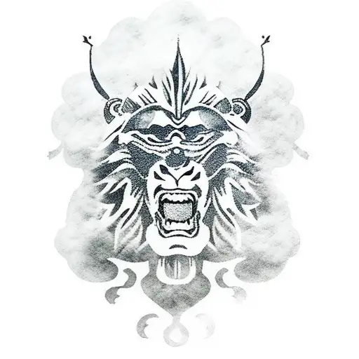 Samurai Head With Lions Face With Dust Clouds And Skulls