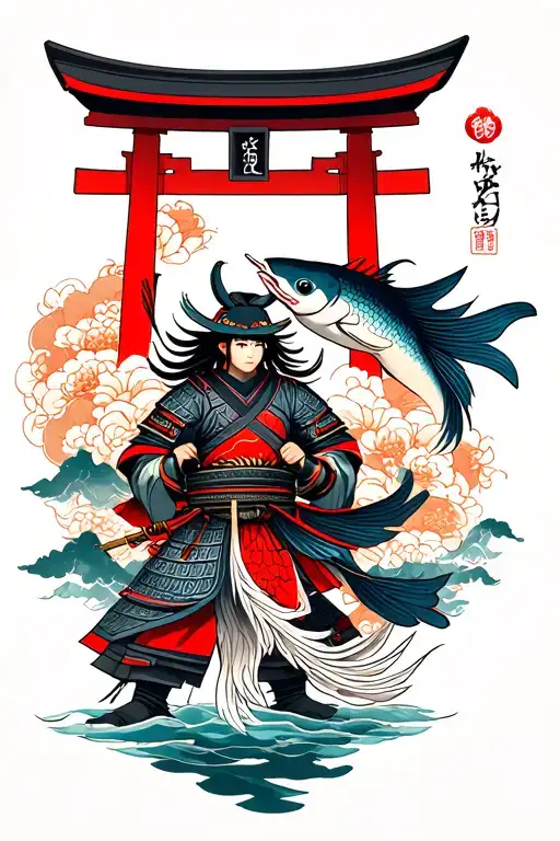 Pisces With Samurai Guarding A Tori Gate