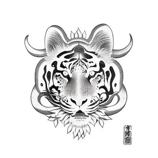 Dragon With Tiger Head Around Japanese Flower