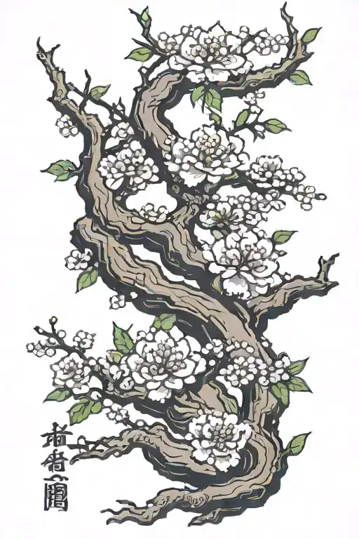 Cherry Blossom Tree Branches Arm Sleeve With Chinese Zodiac Characters Tattoo Design For Women Tattoo