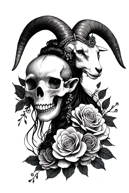 High Priestess With Goat Horn Skull With Roses