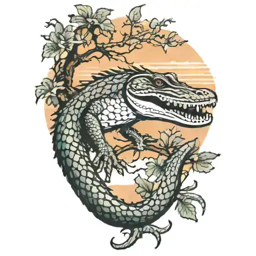 Single Alligator And Live Oak With Spanish Moss And Sunset