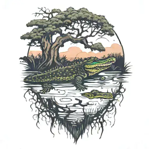 Alligator In The Water At Sunset Under A Live Oak Tree With Hanging Moss