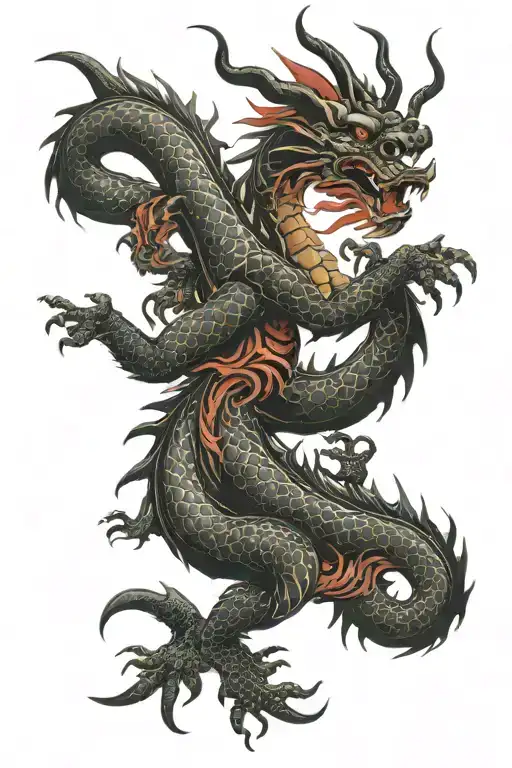 Black And Red Dragon From Chinese Mythology Intertwine In Dance As In Chinese Myths