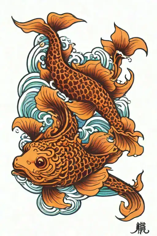 Koi Fish Swimming Upstream And Downstream Wrapped Around Waves And A Dragon