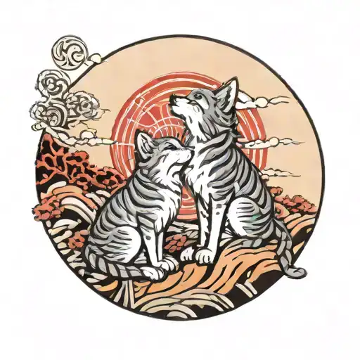Cat And Wolf Howling At The Moon