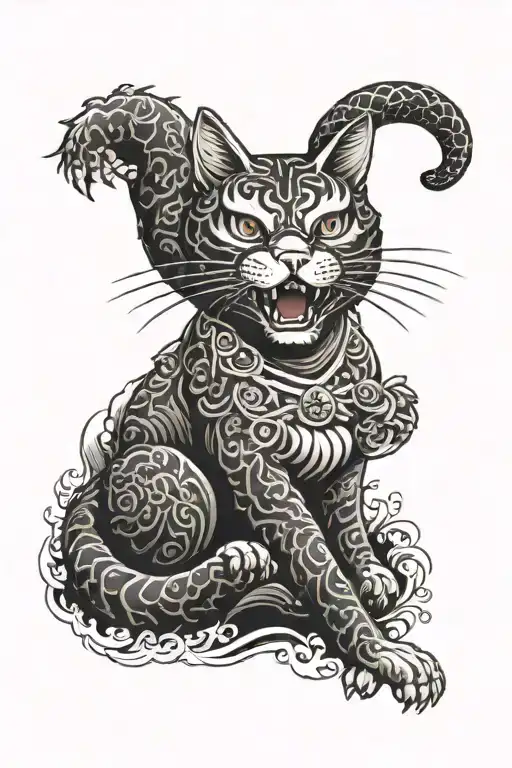 Traditional Japanese Tattoo With The Head Of A White Hissing Cat