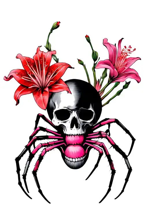 Black And Pink Skull And Red Spider Lily Opposite On Chest