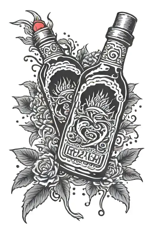 A Bottle Of Sriracha Chili Sauce In Black And White With Red Drops