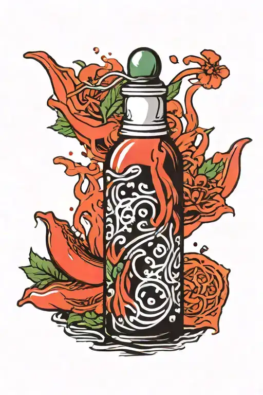 A Bottle Of Sriracha Chili Sauce In Black And White With Red Drops