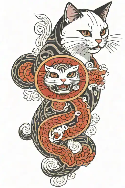 Traditional Japanese Tattoo With The Head Of A White Hissing Cat