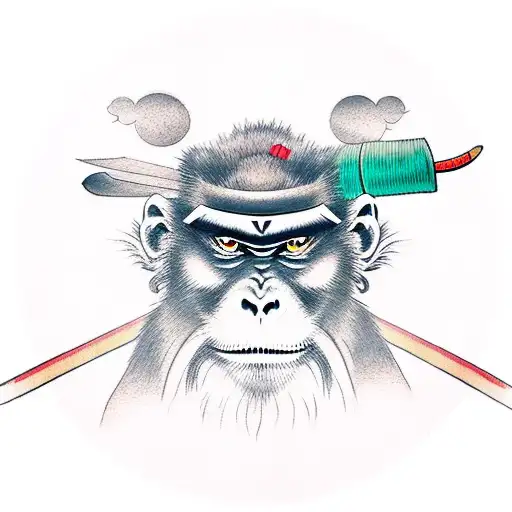 A Samurai Monkey In A Meditation Session With A Sword Stuck In The Ground Behind Him