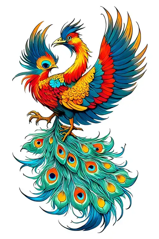 Front View Phoenix Bird With Twowings Spread Peacock Feather Tail