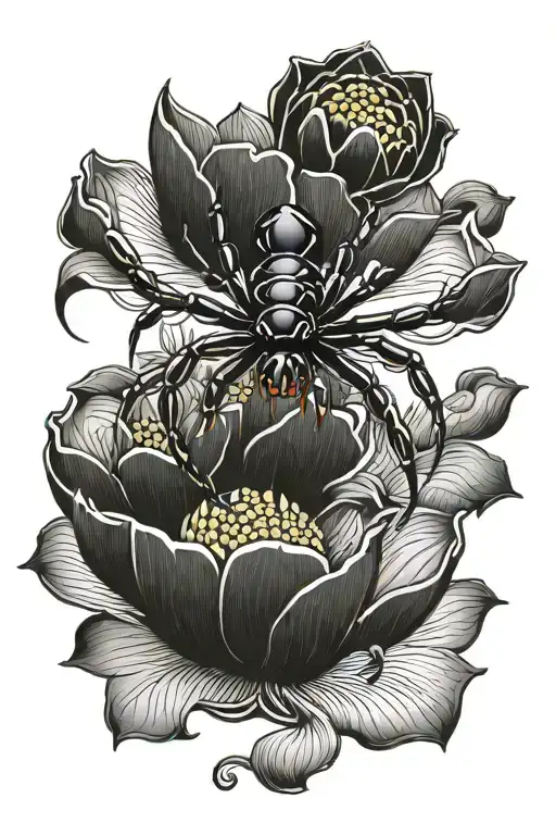 Black Widow Spider Standing On Lotus Flower