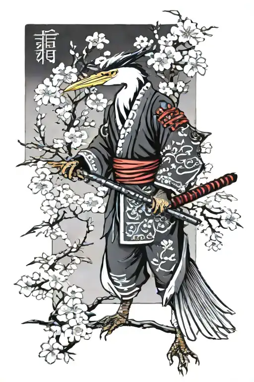 Heron Samurai Against The Background Of Sakura