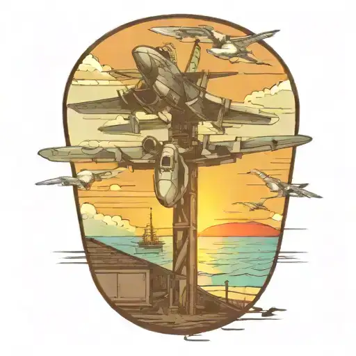 F-18 Over Beach Pier Looking On Sunset