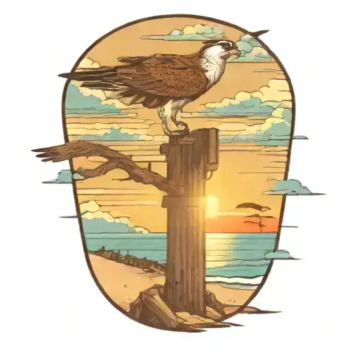 Osprey Over Beach Pier Looking On Sunset