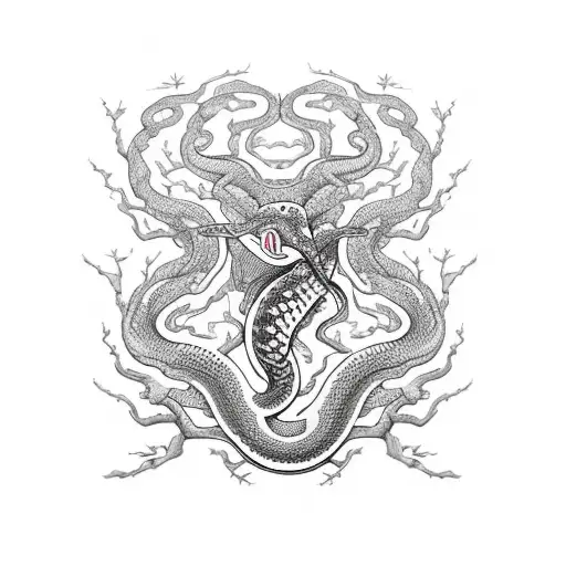 A Red Snake That Is Twisted With Black Branches And Leaves