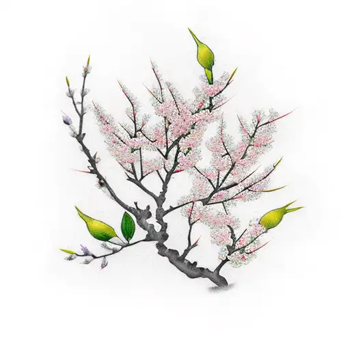 A Bouquet Of Cherry Blossoms And Lemon Tree Flowers Intertwined With An Olive Branch