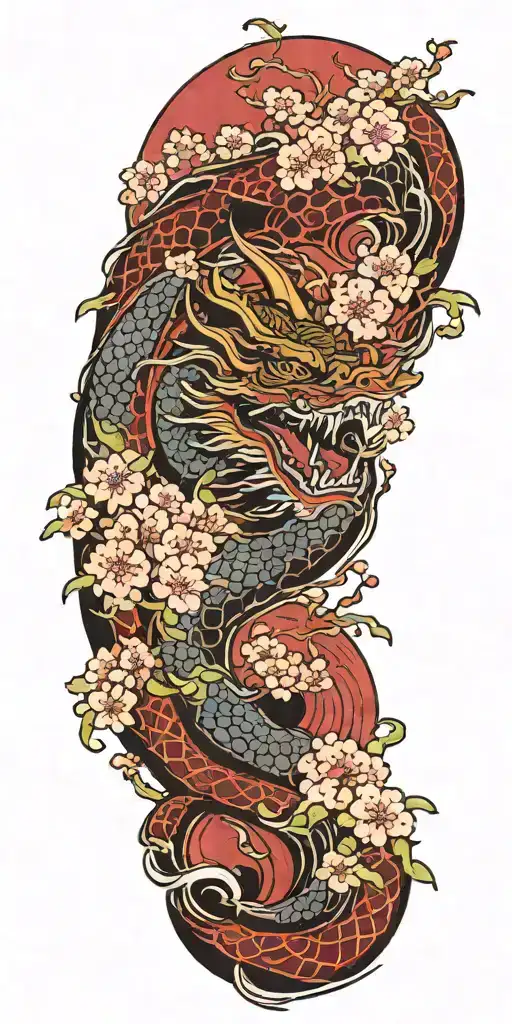 A Fierce Dragon Emerging From The Ocean Waves With Cherry Blossom Trees In The Background