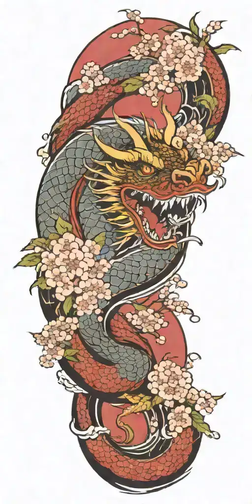 A Fierce Dragon Emerging From The Ocean Waves With Cherry Blossom Trees In The Background