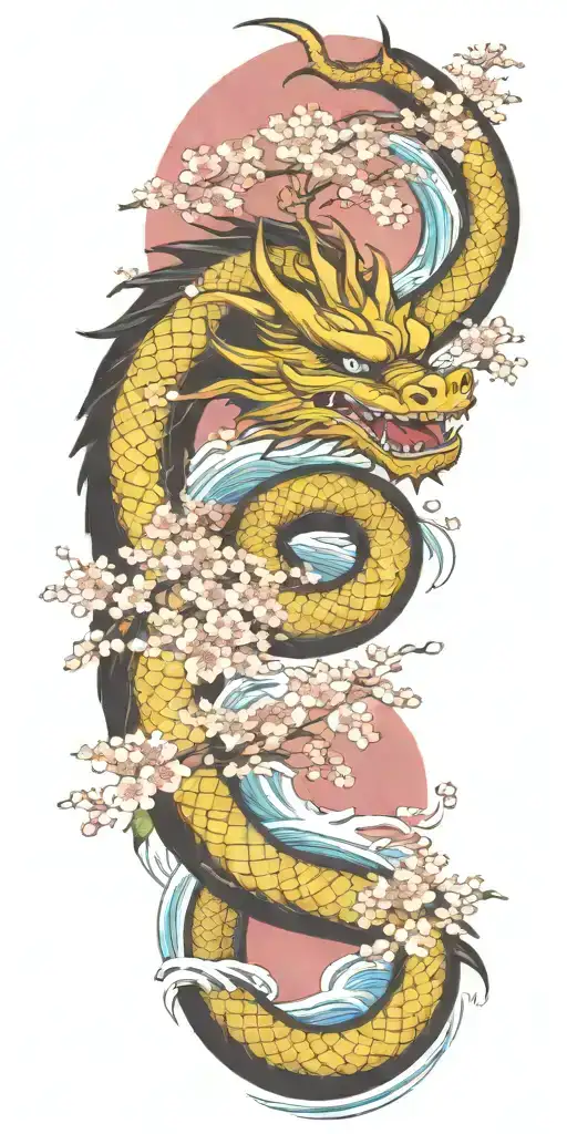 A Fierce Dragon Emerging From The Ocean Waves With Cherry Blossom Trees In The Background