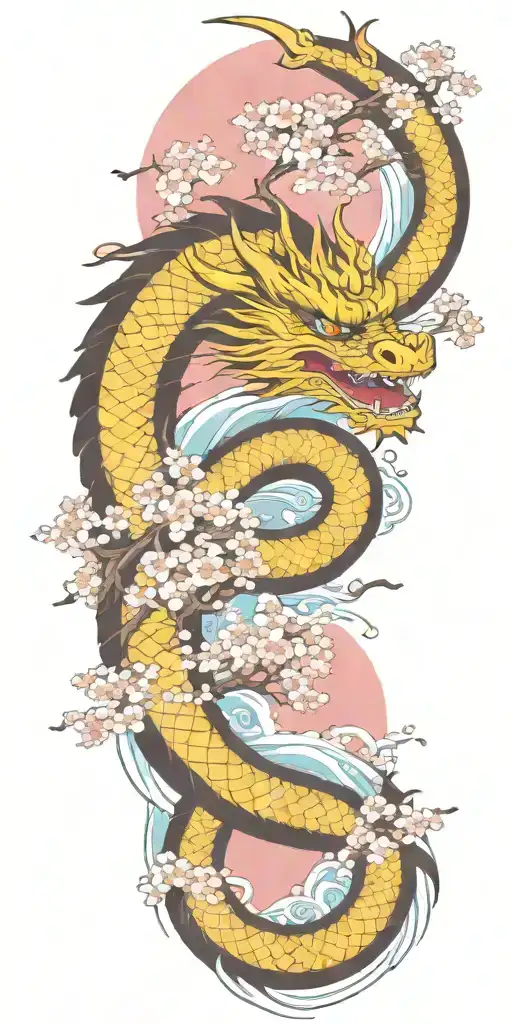 A Fierce Dragon Emerging From The Ocean Waves With Cherry Blossom Trees In The Background