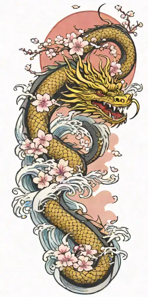 A Fierce Dragon Emerging From The Ocean Waves With Cherry Blossom Trees In The Background