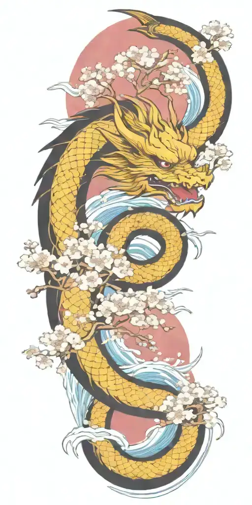 A Fierce Red Dragon Emerging From The Blue Ocean Waves With Cherry Blossom Trees In The Background