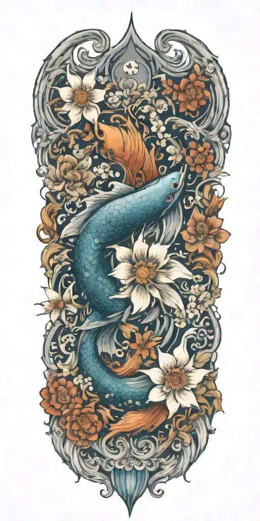 Floral Design Incorporating Elements Of The Sea And Islands And Koi