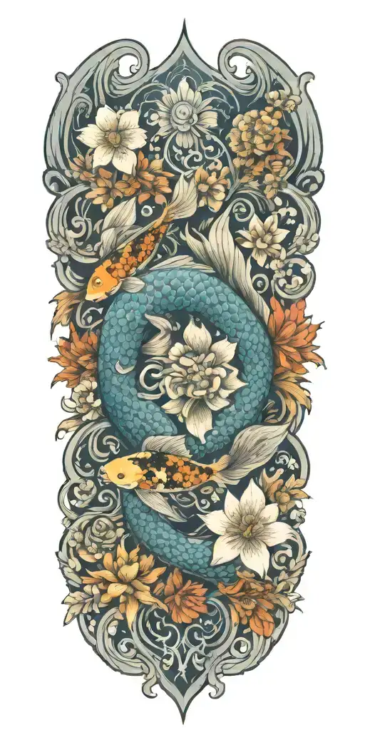 Floral Design Incorporating Elements Of The Sea And Islands And Koi