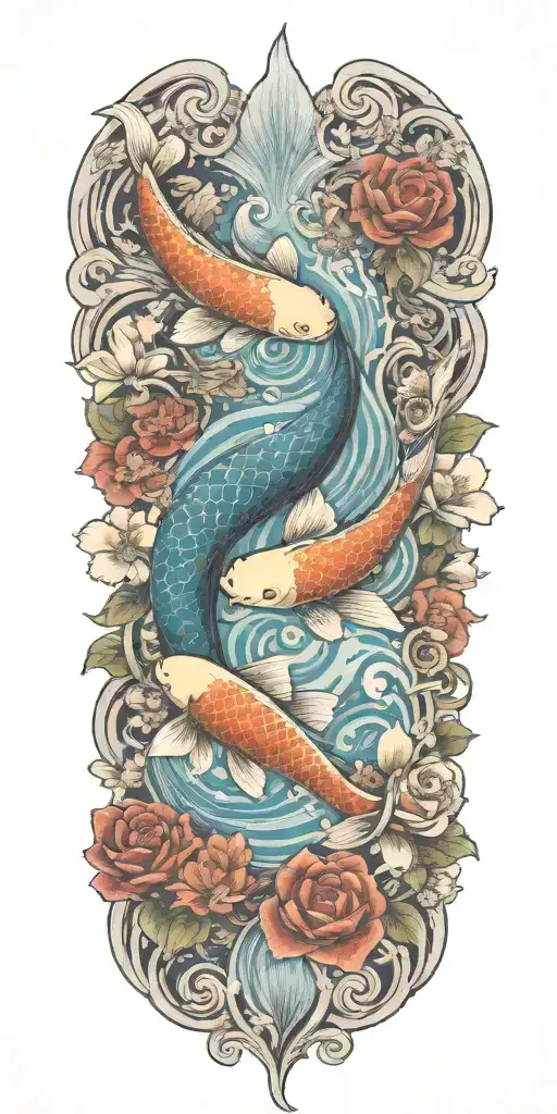 Floral Design Incorporating Elements Of The Sea And Islands And Koi