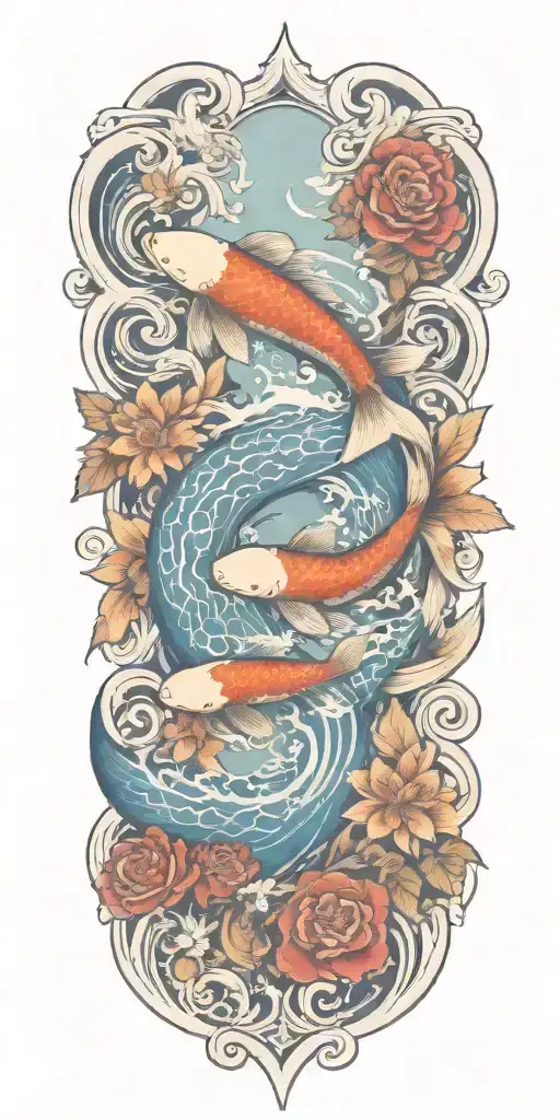 Floral Design Incorporating Elements Of The Sea And Islands And Koi