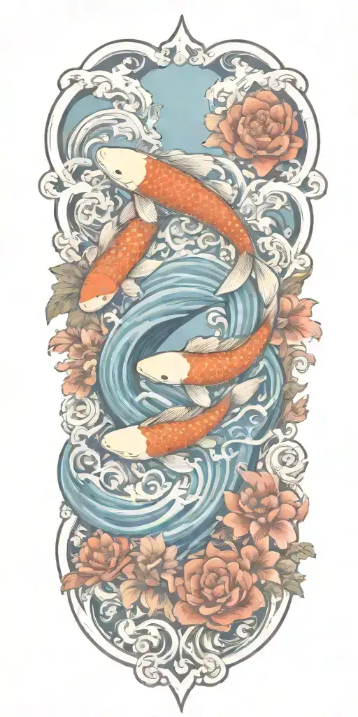 Floral Design Incorporating Elements Of The Sea And Islands And Koi