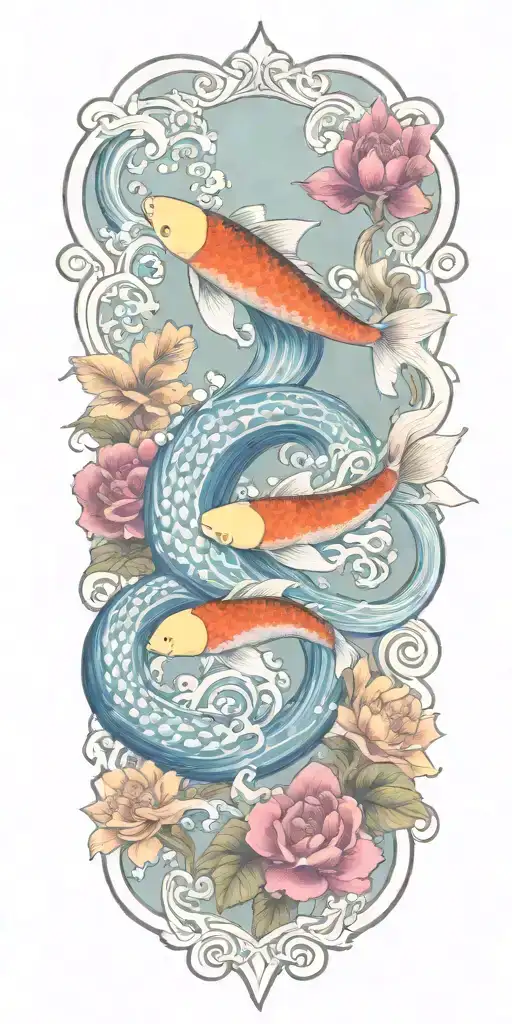 Floral Design Incorporating Elements Of The Sea And Islands And Koi